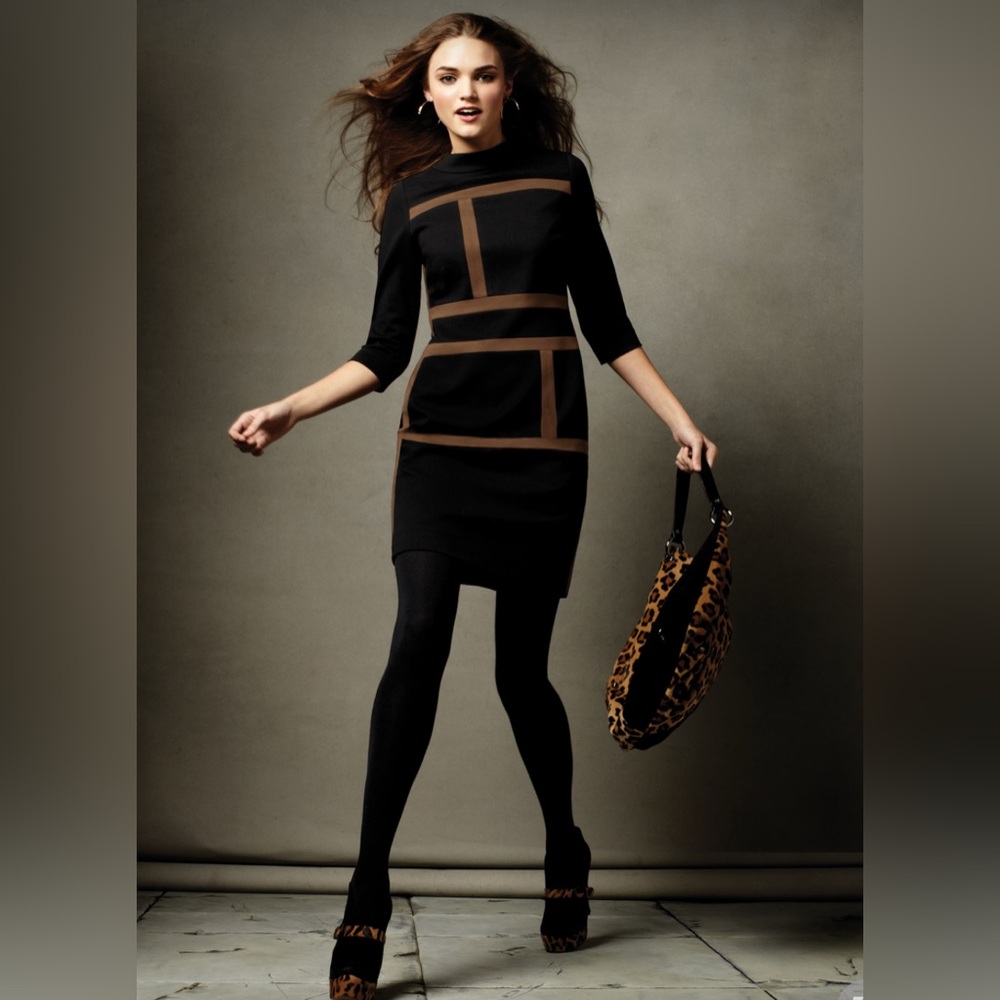 Per Se Ponte Sheath Dress with Brown Stripes